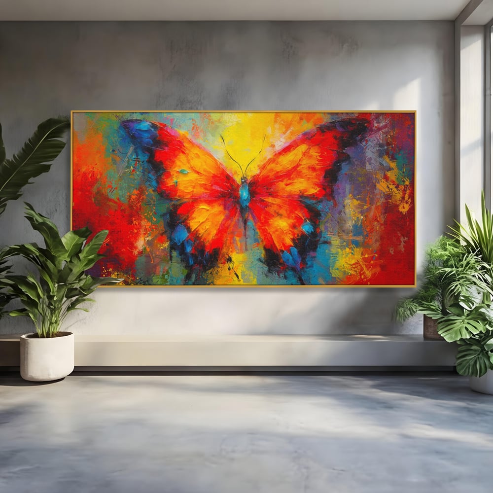 Tablou canvas cu pictura orizontala cu fluture colorat, in rama de aluminiu auriu